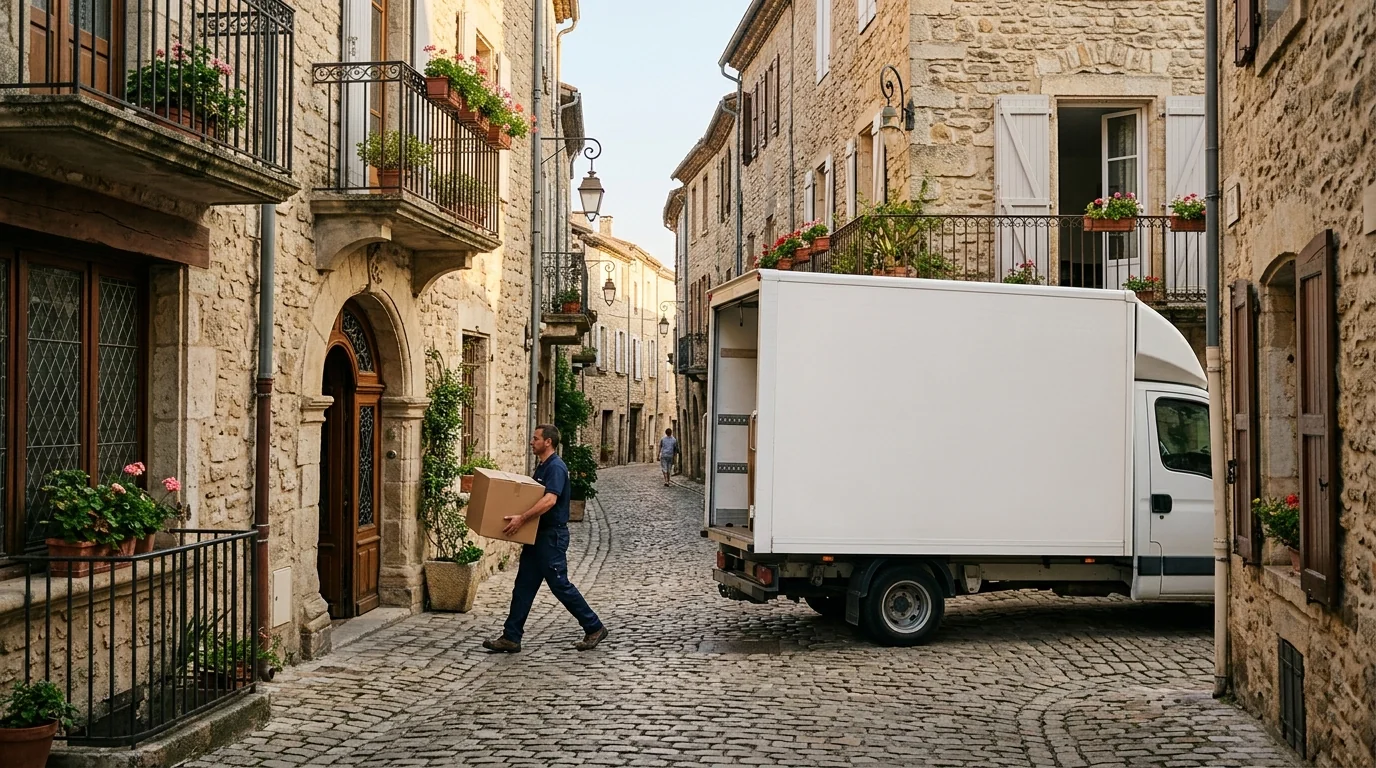 Vue aérienne de Lyon avec camion de déménagement garé en double file dans une rue étroite