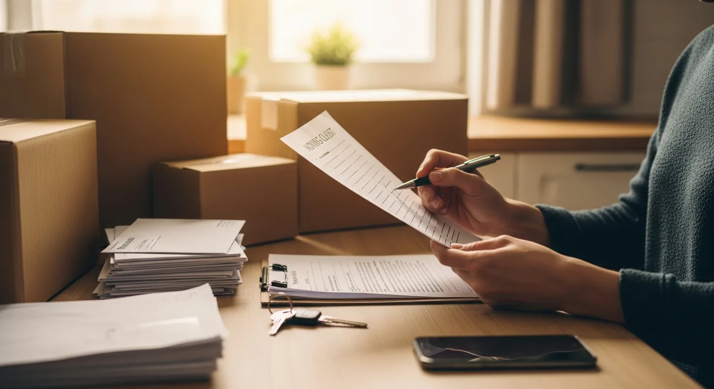 Personne vérifiant une checklist de changement d'adresse avec des cartons